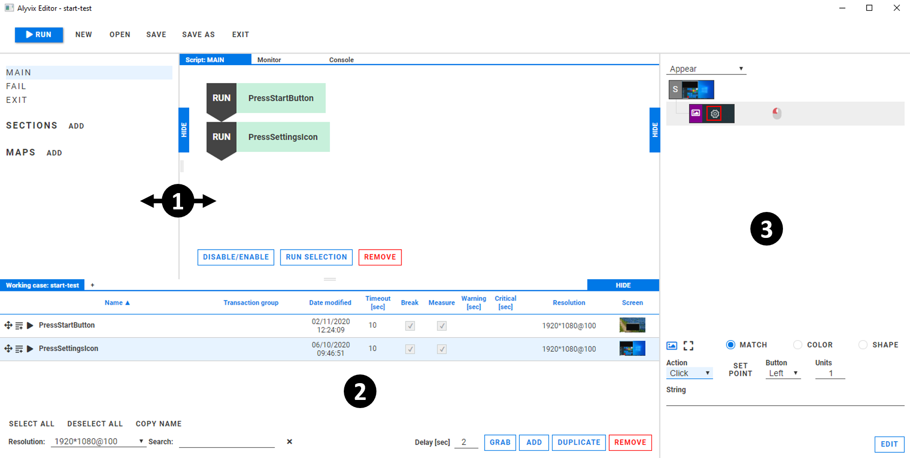 Alyvix Editor with Designer and Selector.