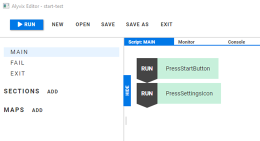 The settings button script element in Alyvix Editor