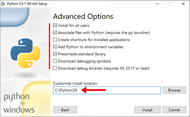 The third panel of the python installation process.