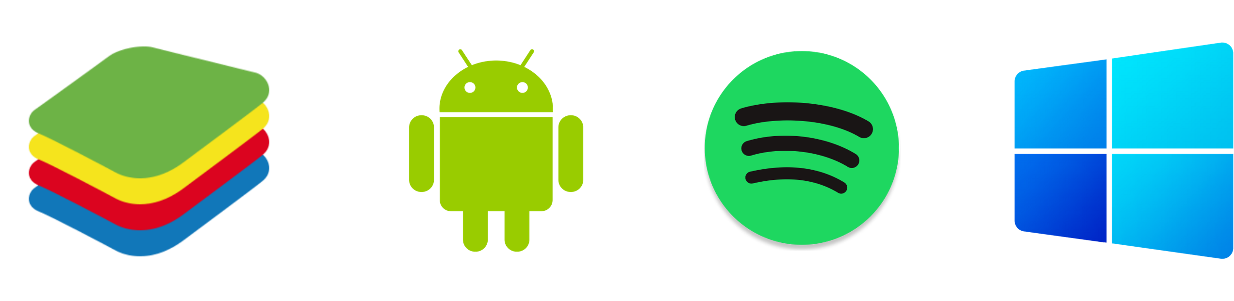 Logos for Bluestacks, Android, Spotify and Windows